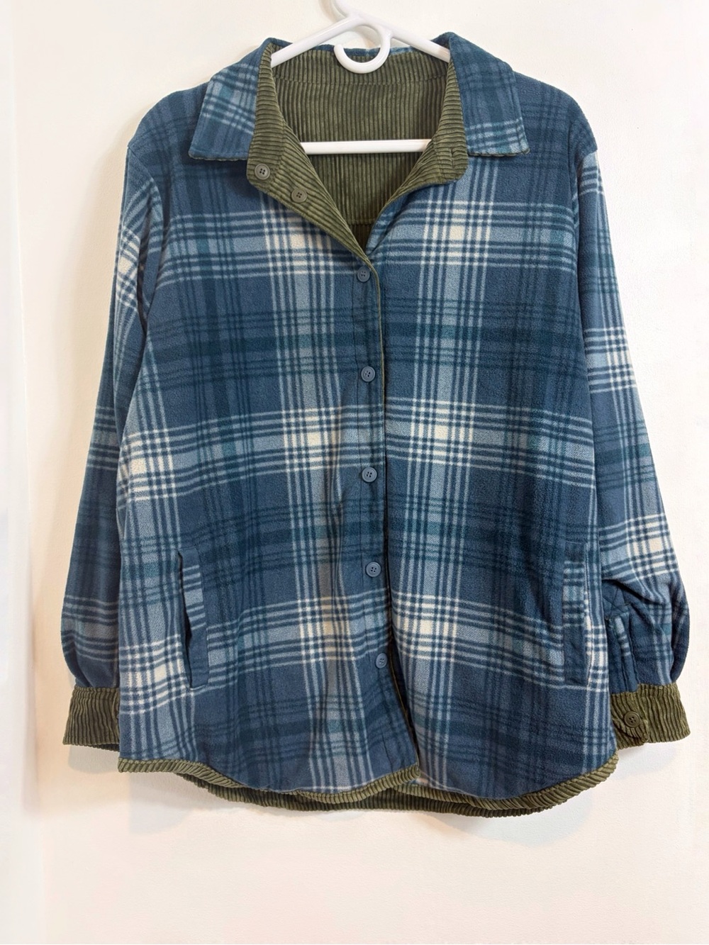 Love Tree Cozy Blue Plaid Moss Green Reversible Autumn Shacket FLAW